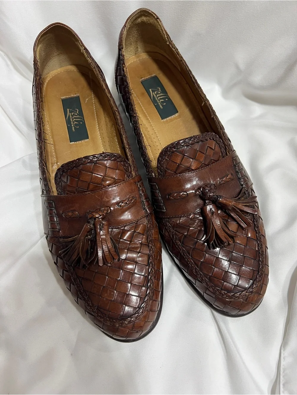 Men's Brown Woven Leather Tassel Loafers Zelli 11.5